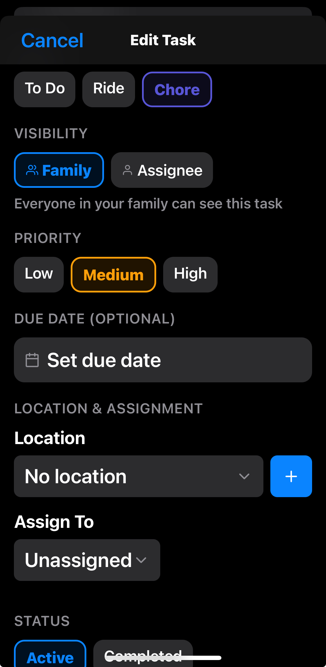 Screenshot of Chore edit view